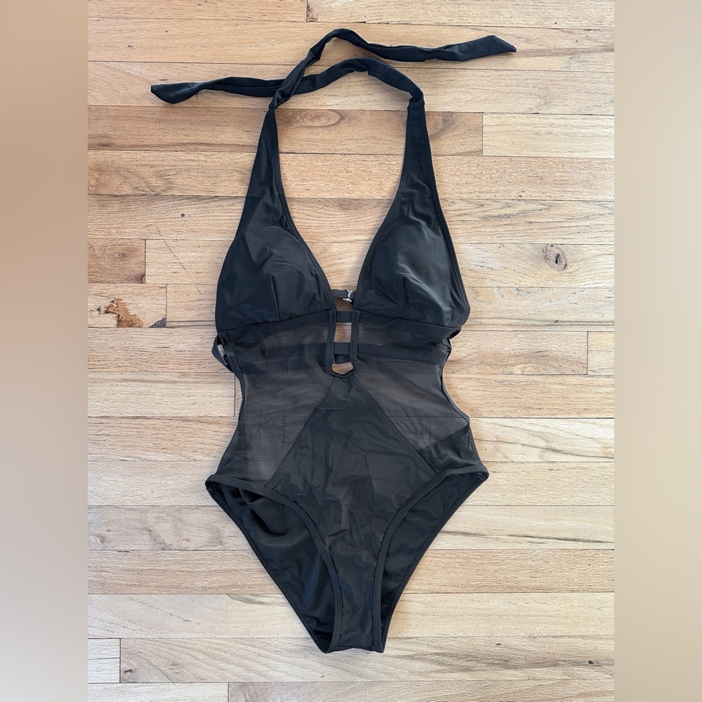 NEW Black Mesh Plunging Halter One Piece Swimsuit Size Small